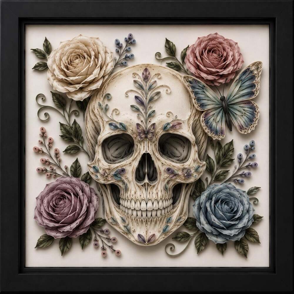 8 X 8 Black Framed Floral Skull 3 E 40